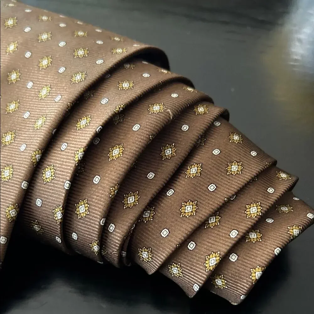 Bijoux Terner Cappuccino Brown Silk Tie, Gold & White Pattern, Perfect for Fall